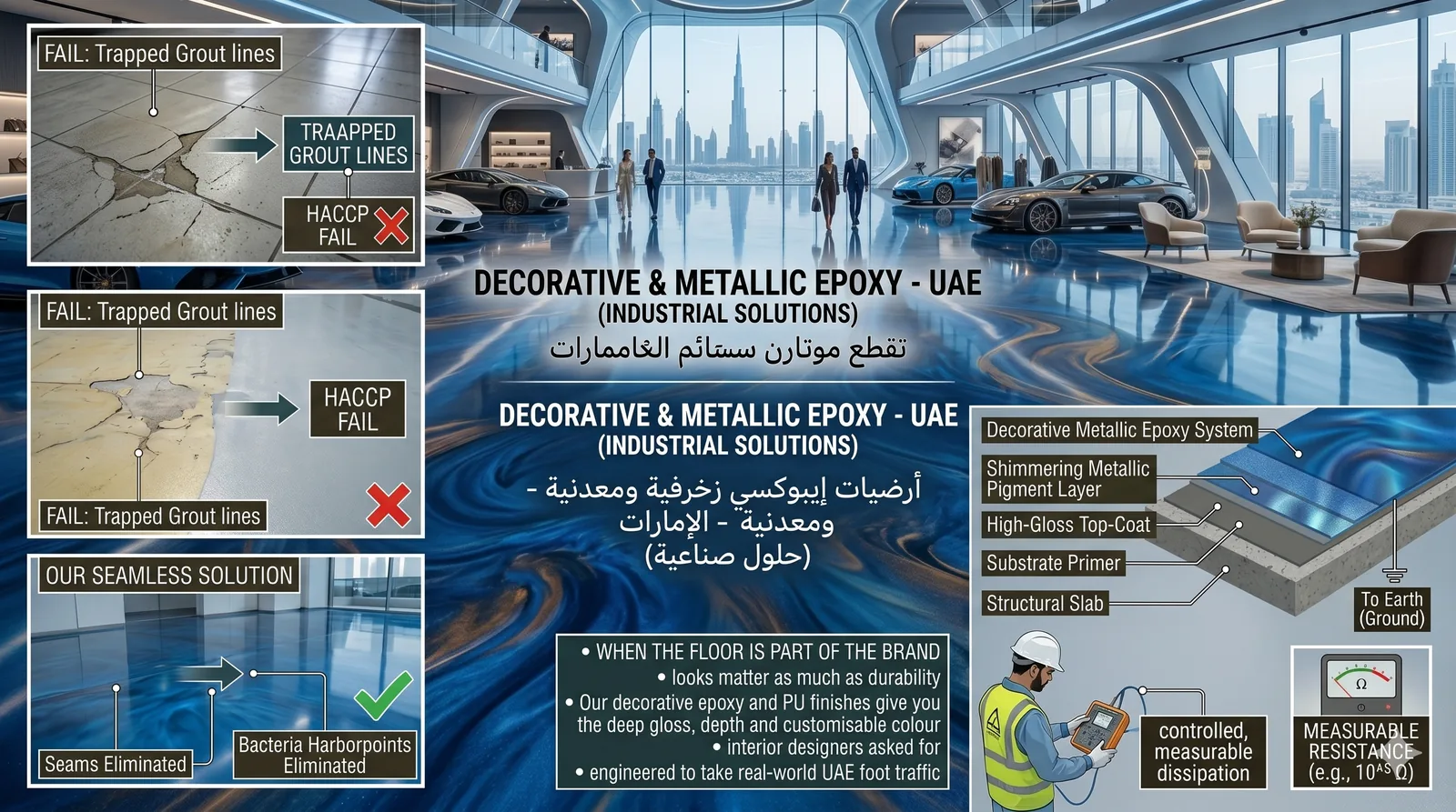 Metallic decorative epoxy floor in a Doha showroom